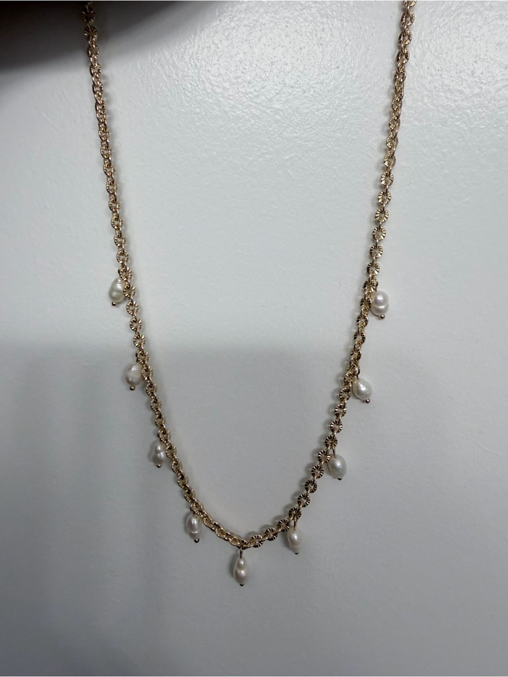 Gold Chain Necklace with White Pearl Drops - Women’s Jewelry